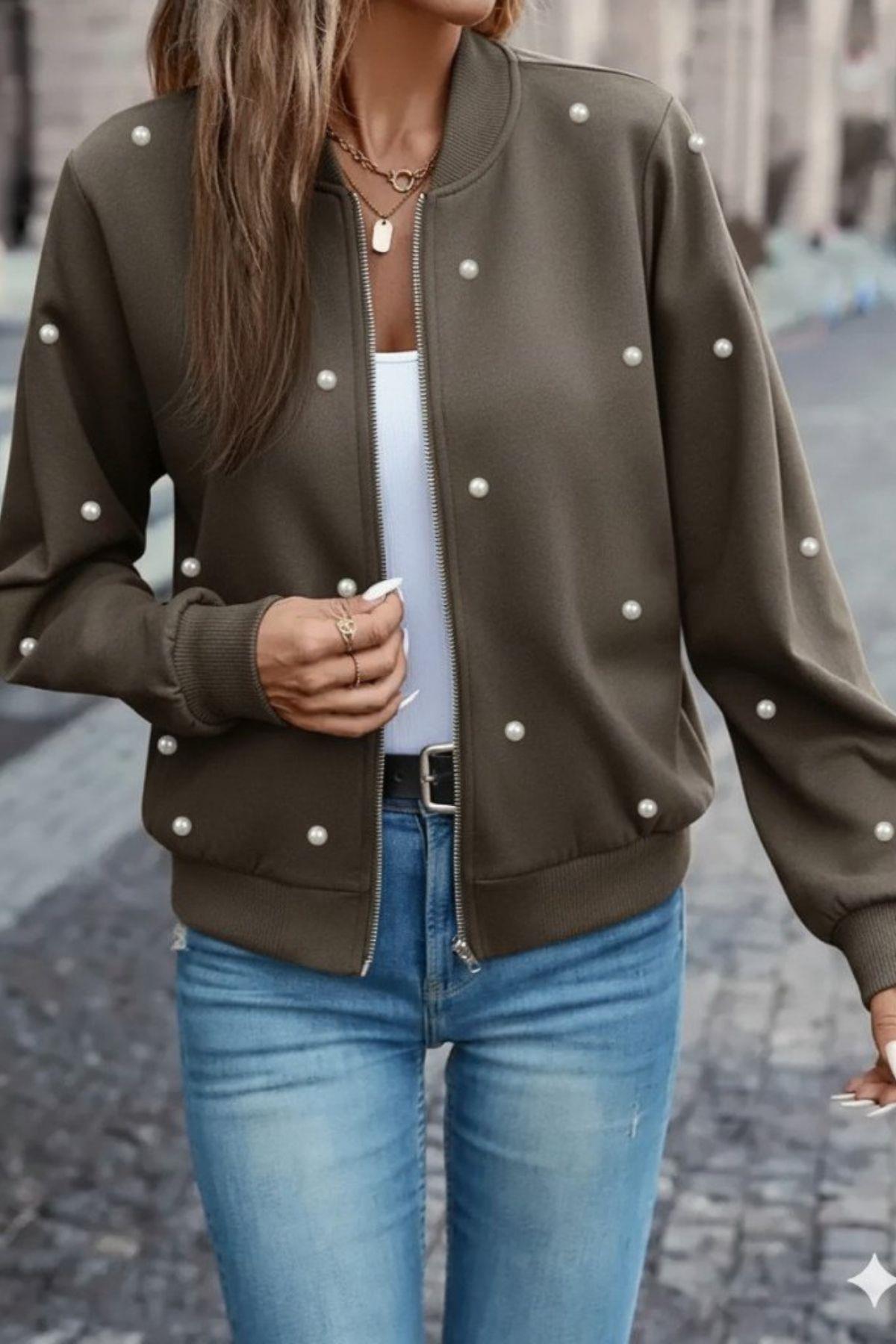 İnci Detaylı Fermuarlı Modal Ceket  - Vizon