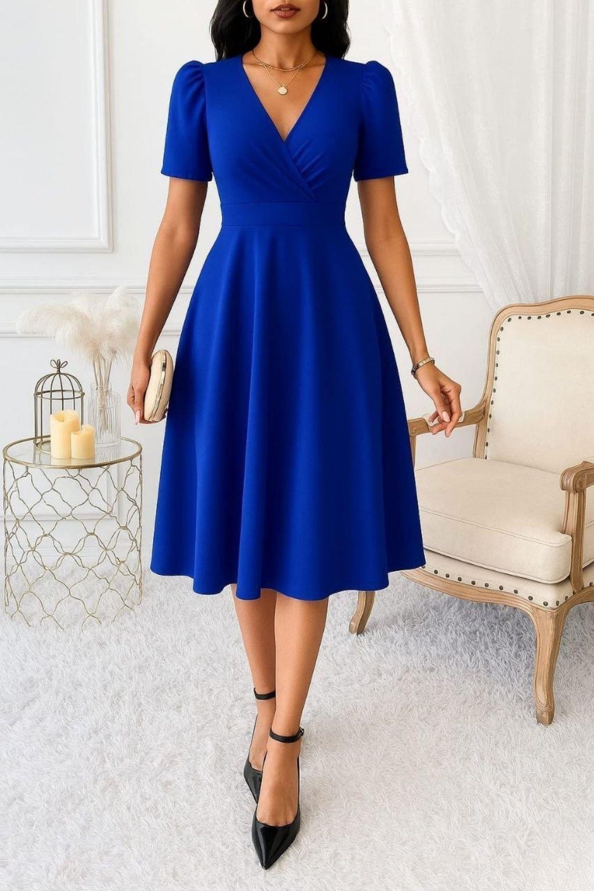 Kruvaze Yaka Kısa Kollu Midi Krep Elbise - Saks