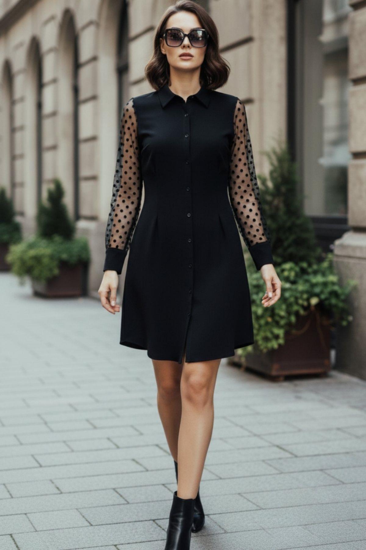 Puantiye Kollu Düğmeli Gömlek Yaka İthal Krep Elbise - Siyah