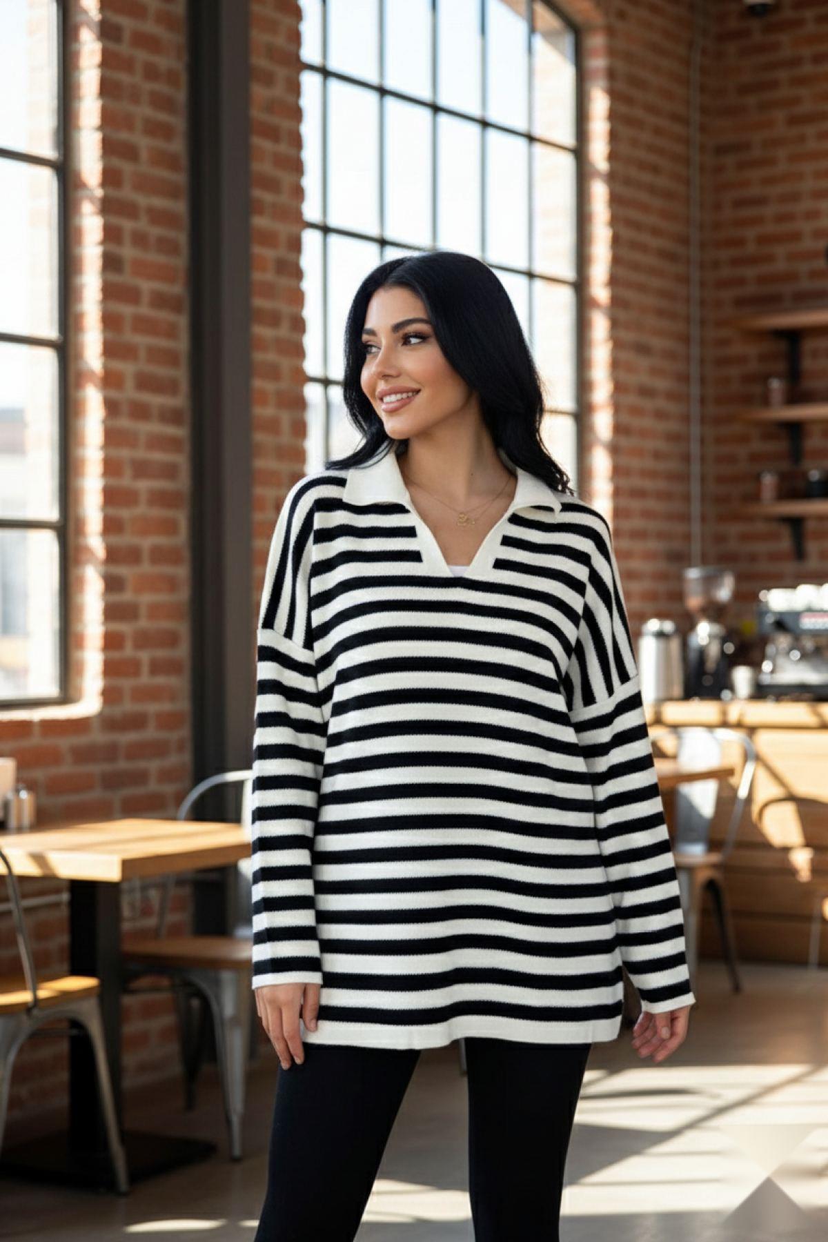 Polo Yaka Çizgili Oversize Kazak Beyaz