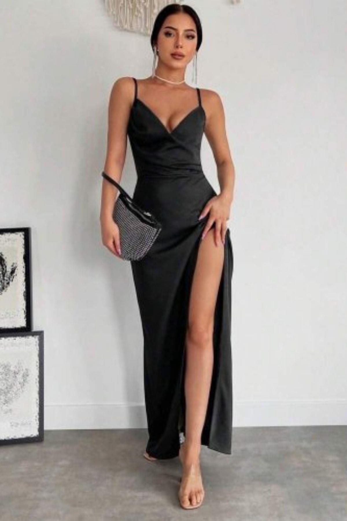 Kruvaze Yaka Derin Yırtmaçlı Krep Elbise - Siyah