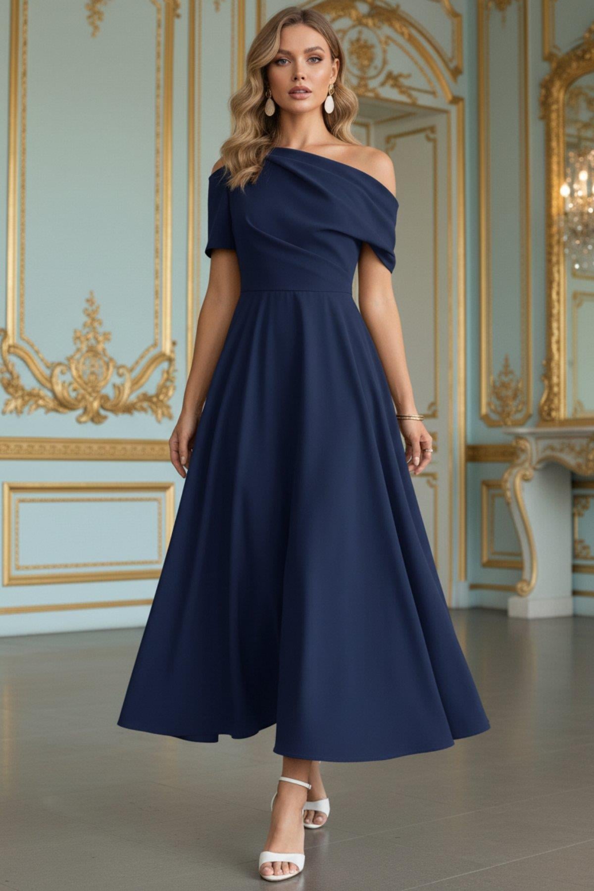 Asimetrik Yaka Midi Pileli Krep Elbise - Lacivert