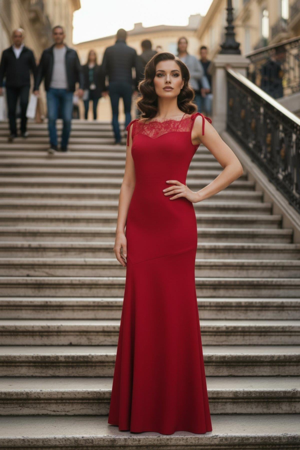 Kayık Yaka Omuz Bağcıklı Uzun İthal Krep Elbise - Kırmızı