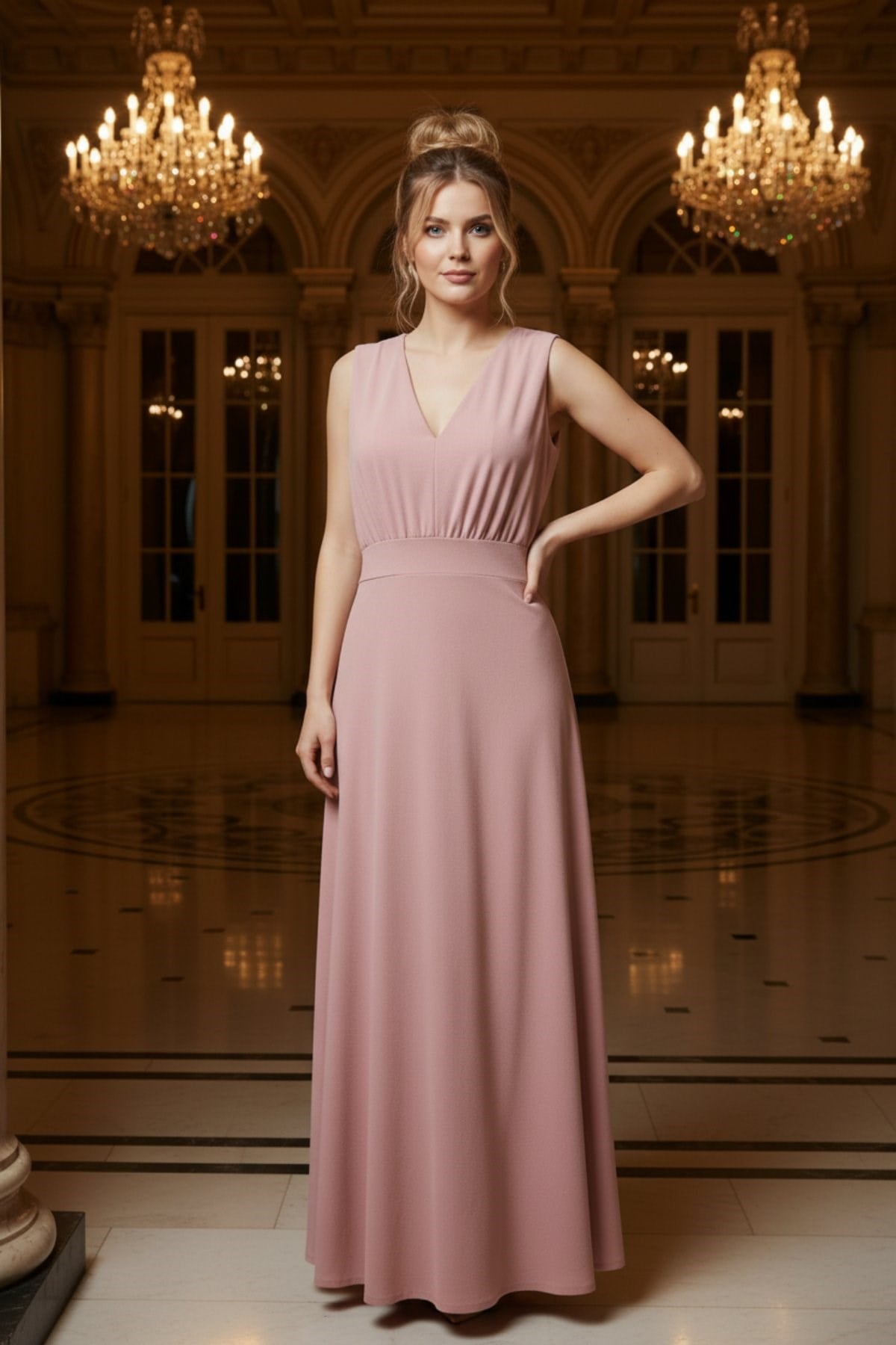 V Yaka Bel Detaylı İthal Krep Şık Uzun Elbise - Pembe