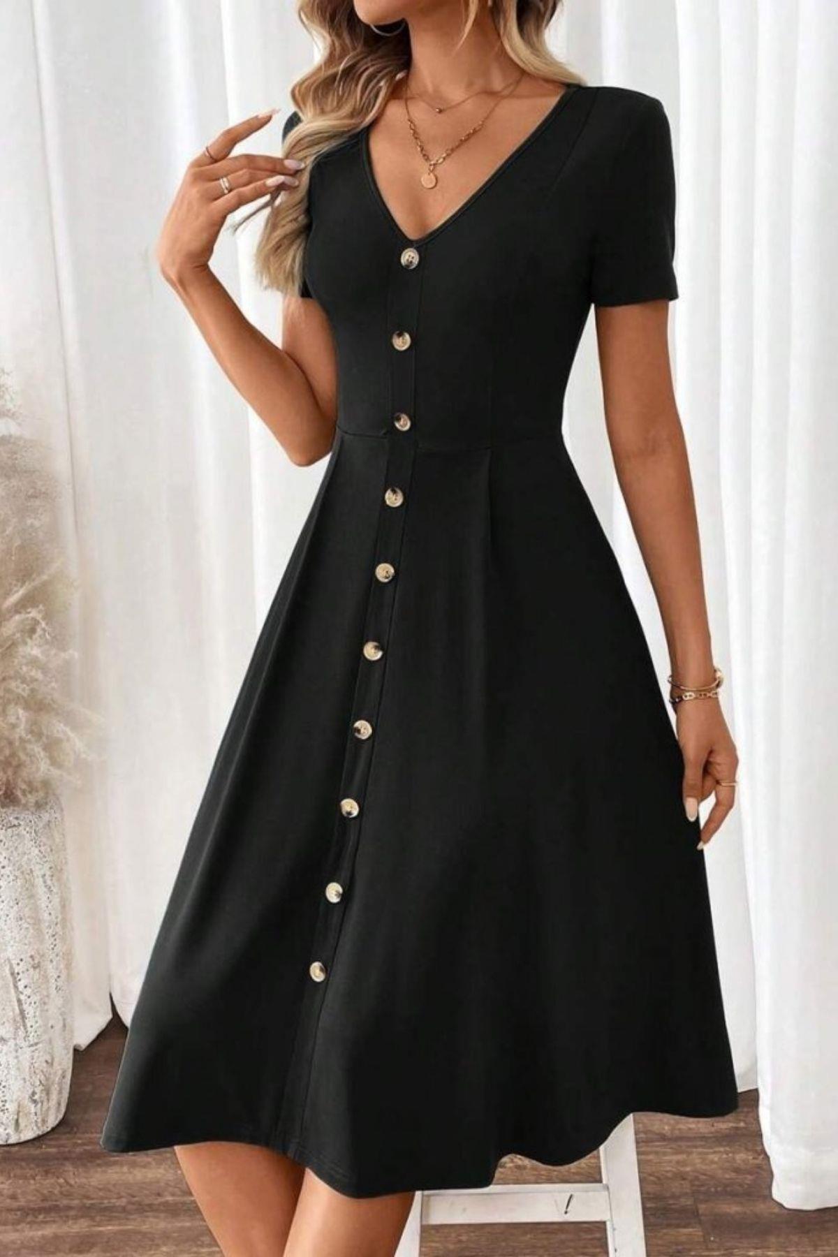V Yaka Düğme Detaylı A Kesim Dokuma Elbise - Siyah