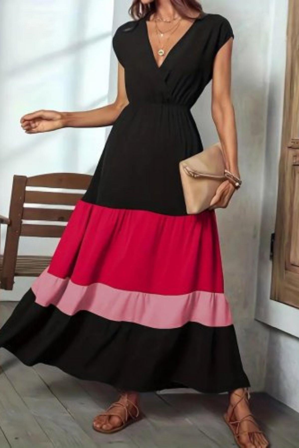 Kruvaze Yaka Beli Lastikli  Renk Bloklu Aerobin Elbise - Siyah