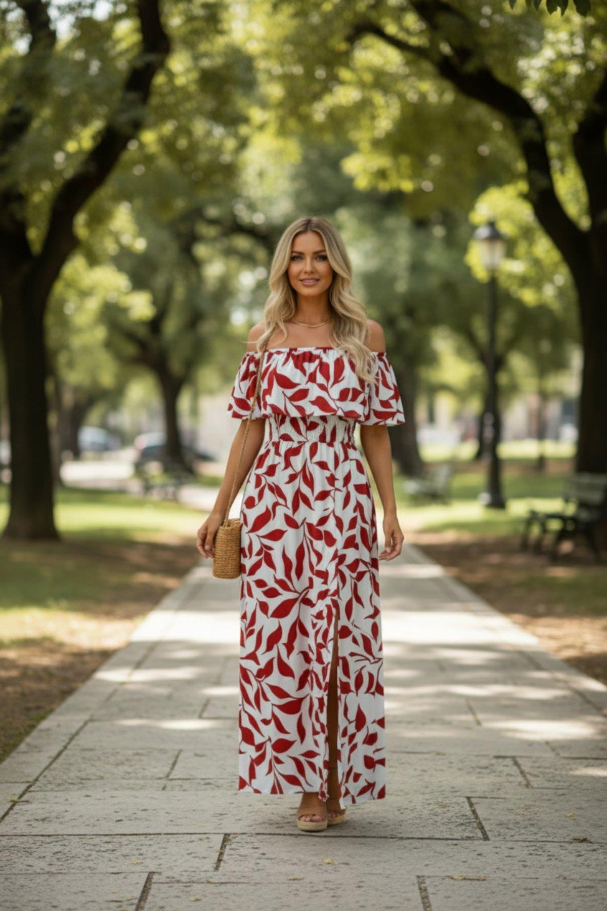 Madonna Yaka Uzun Desenli Süprem Elbise - Kırmızı