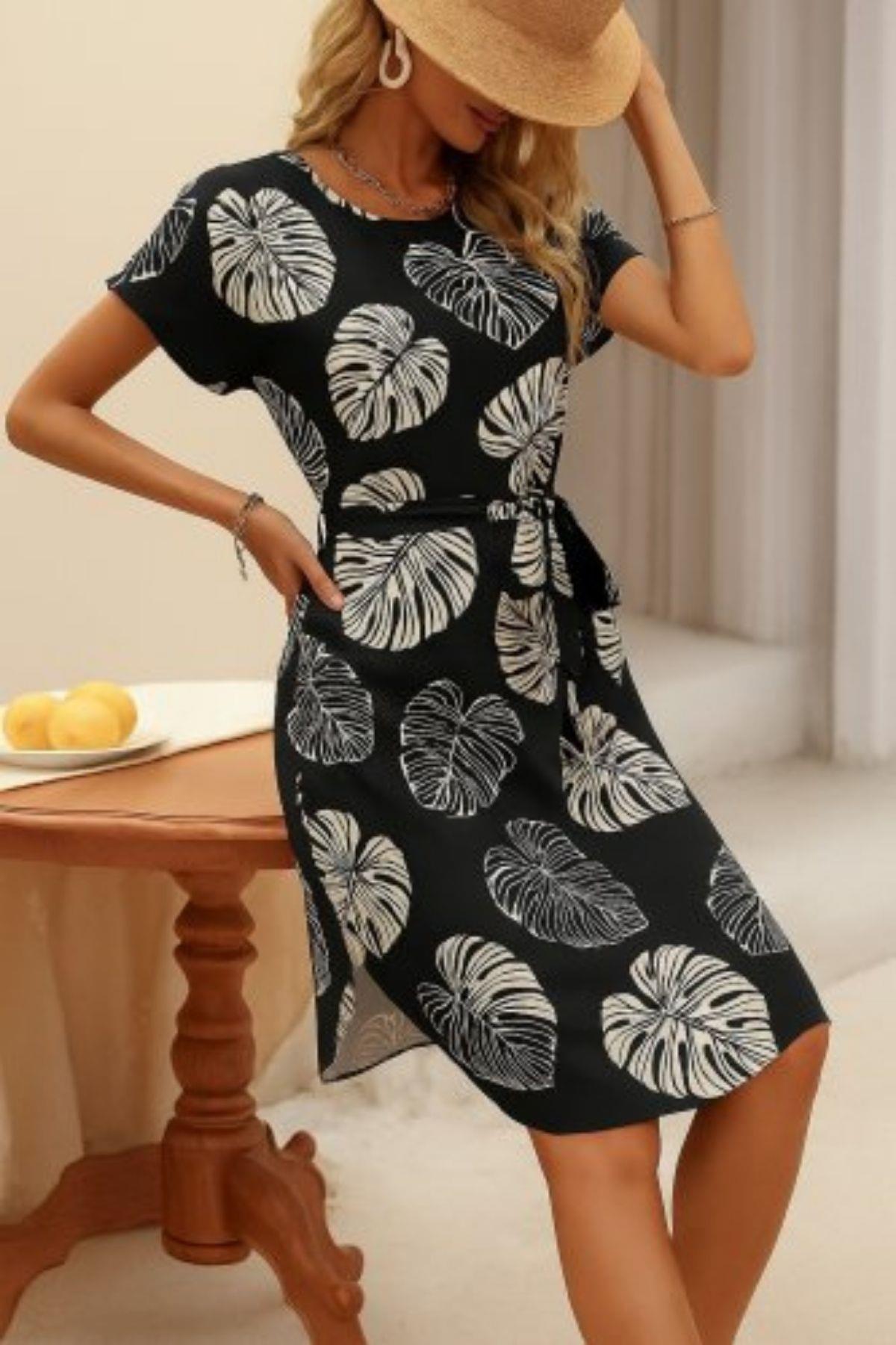 Bisiklet Yaka Desenli Örme Midi Krep Elbise - Yaprak Desen