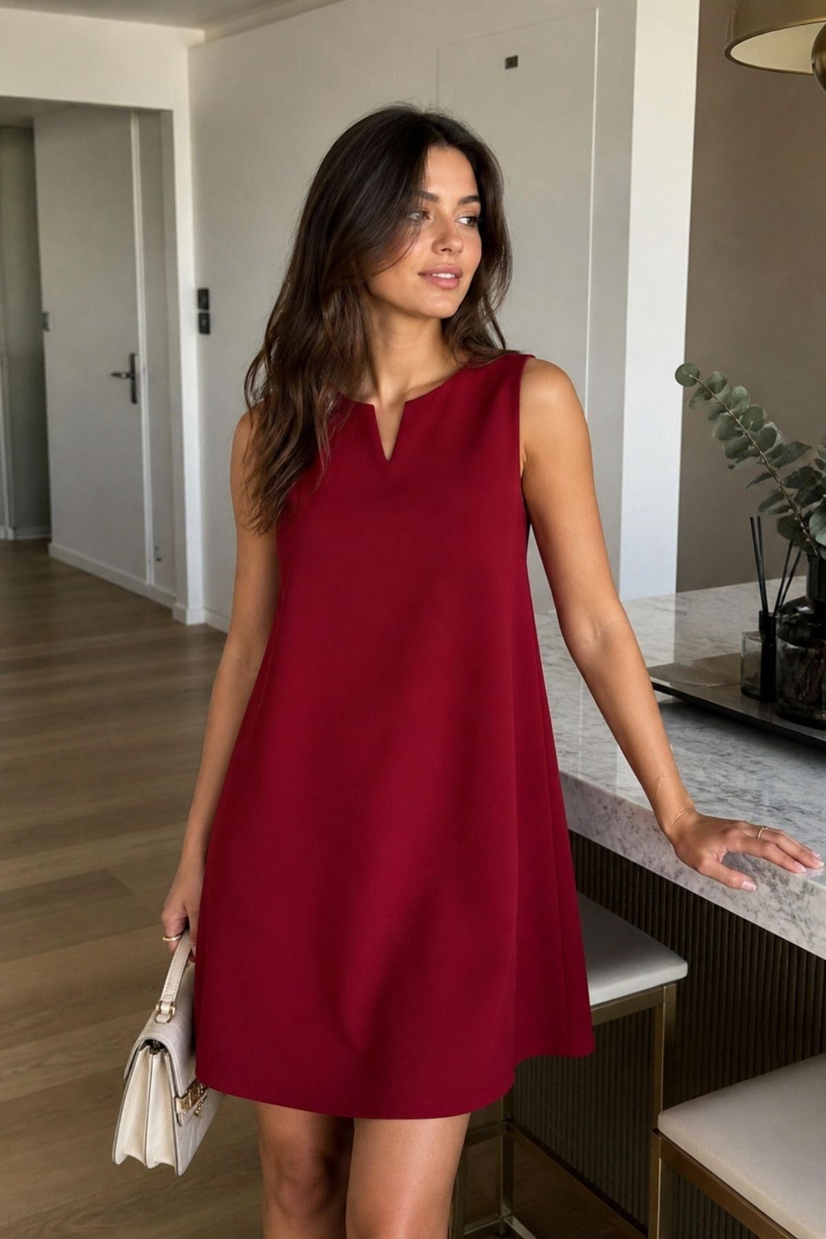 Kadın Bordo V Yaka Kolsuz Rahat Kesim Mini Elbise