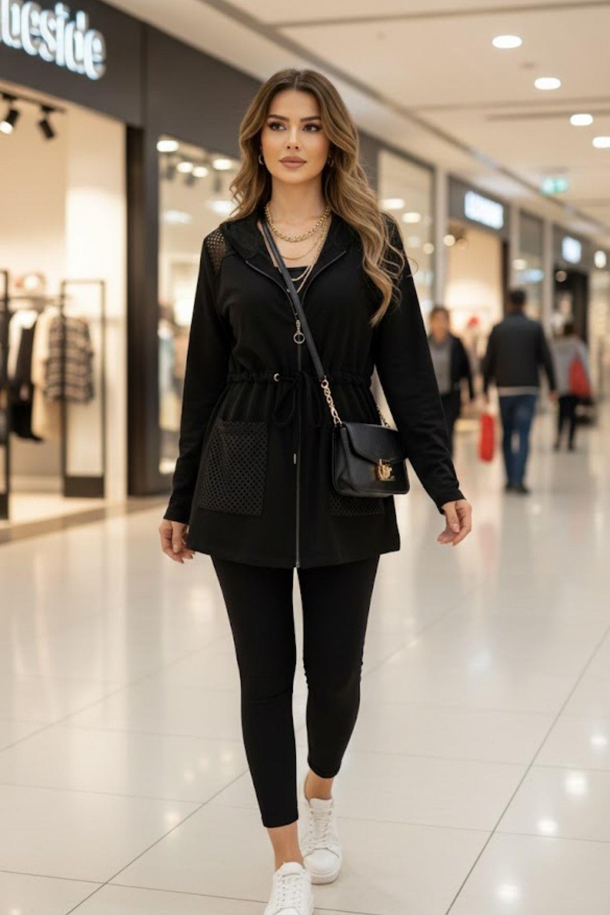 File Detaylı Kapüşonlu Cepli Fermuarlı Modal Ceket - Siyah