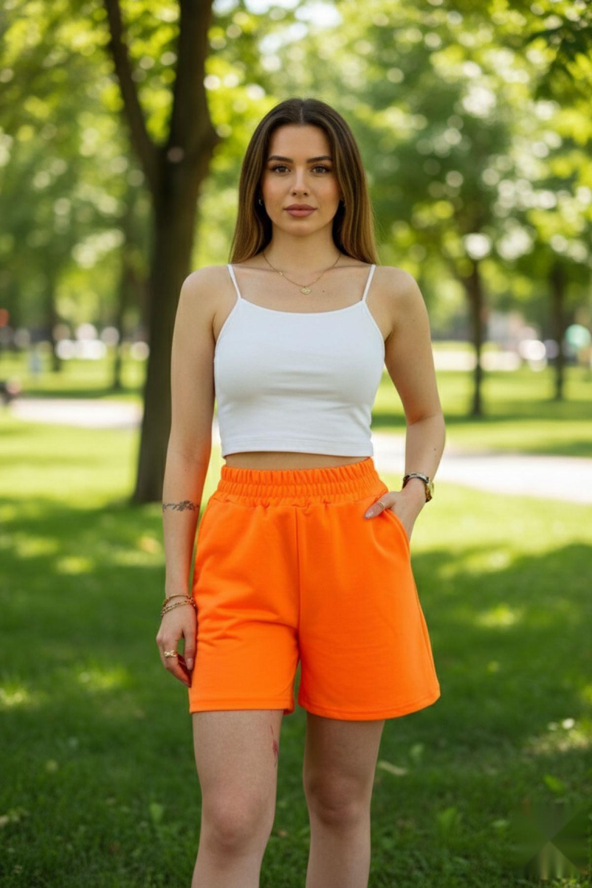 Hannah Bel Lastikli Basic Penye Şort Neon Turuncu