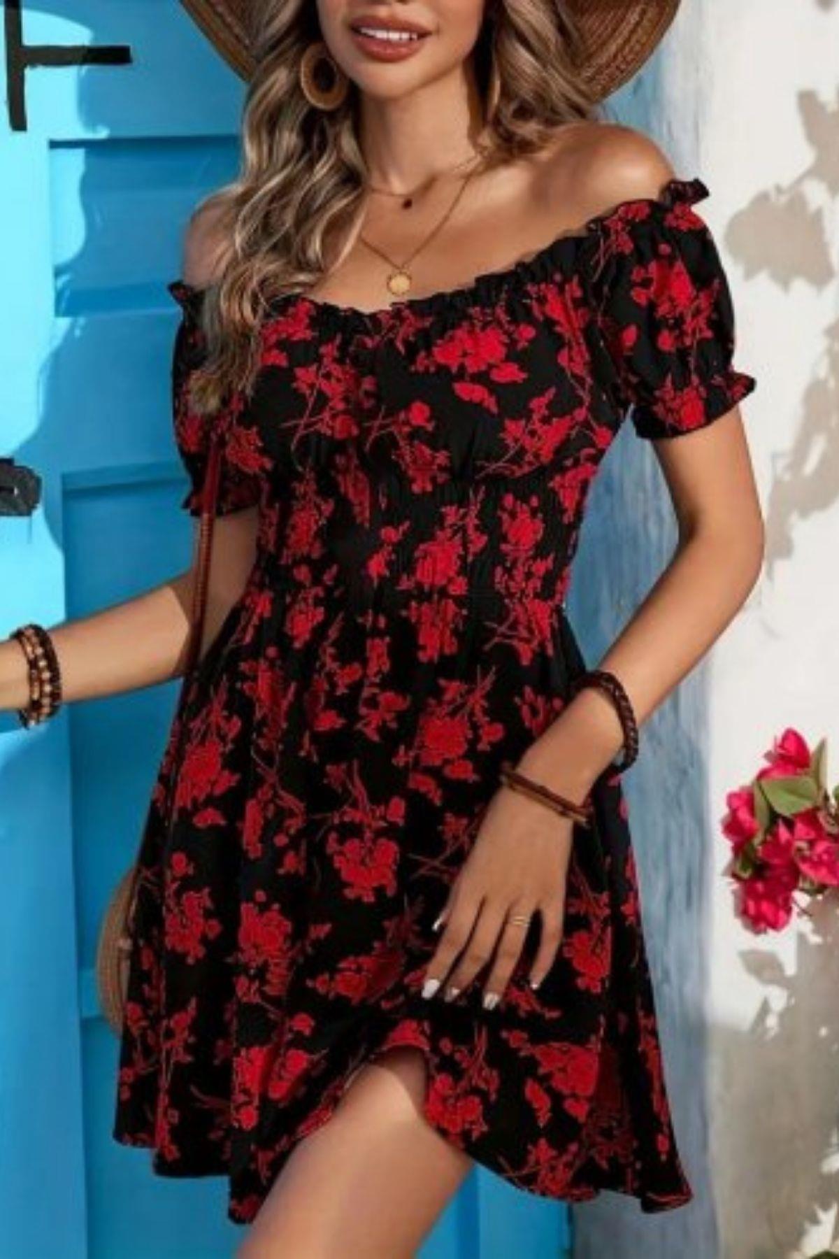 Madonna Yaka Beli Lastikli Çiçek Desenli Süprem Elbise - Siyah