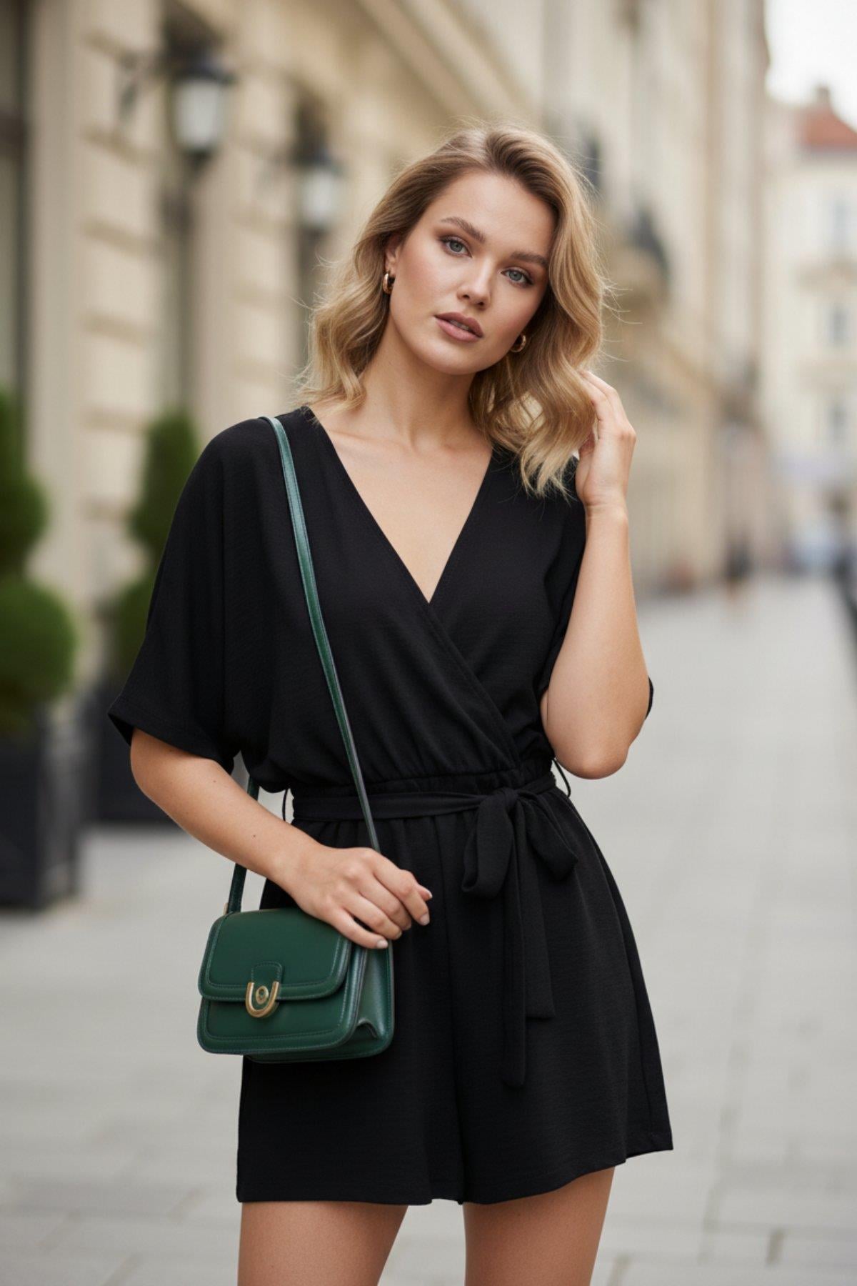 Kruvaze Yaka Yarasa Kol Mini Aerobin Tulum - Siyah