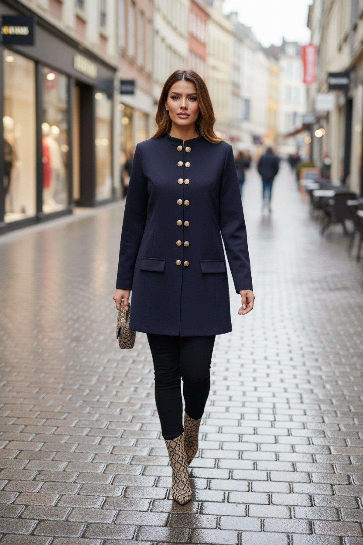 Hakim Yaka Düğmeli Atlas Ceket - Lacivert