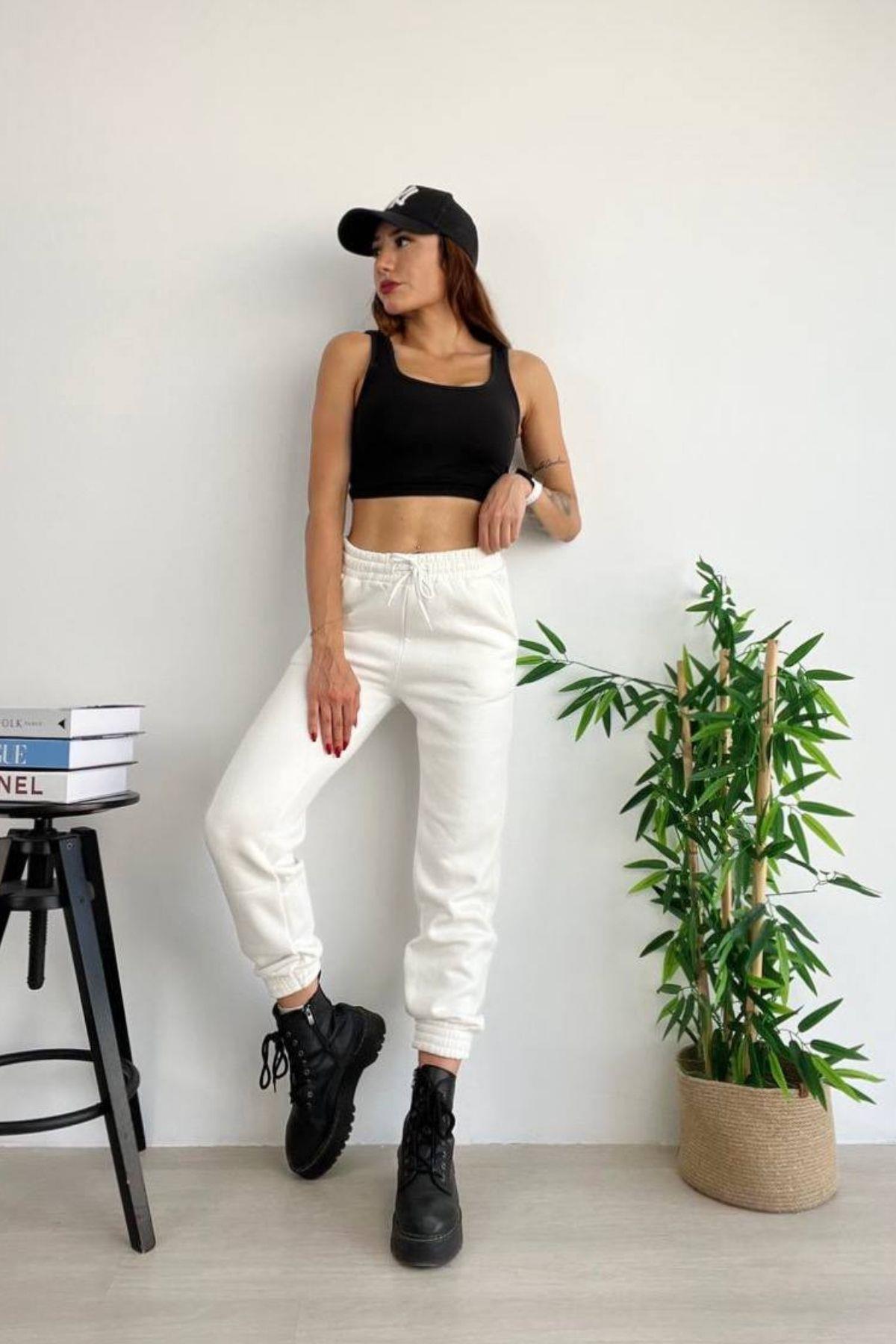 3 İplik Paça Lastikli Basic Kalın Eşofman Altı Ekru