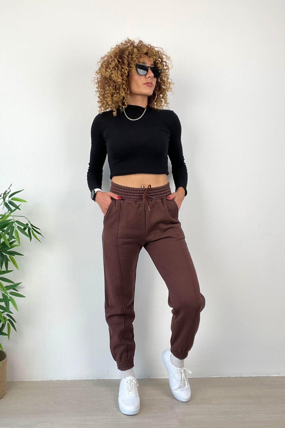 3 İplik Paça Lastikli Biyeli Kalın Eşofman Altı Kahve