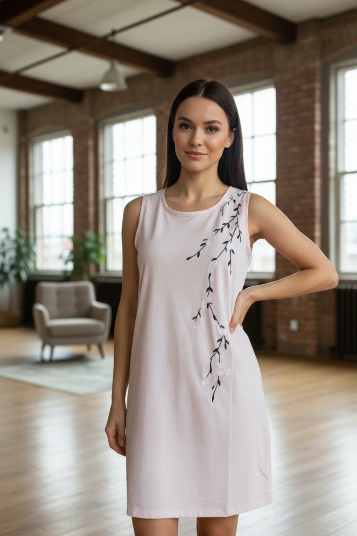 Kolsuz Çiçek Desenli Mini Elbise - Pudra