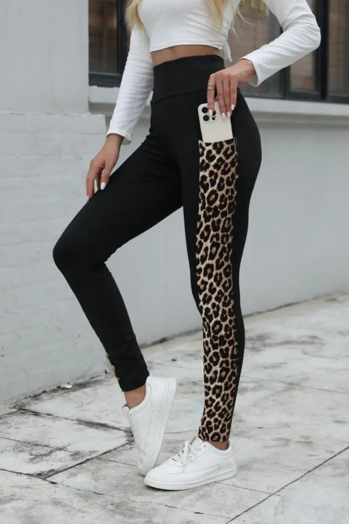 Yüksek Bel Desenli Cep Detaylı Dalgıç Tayt - Siyah