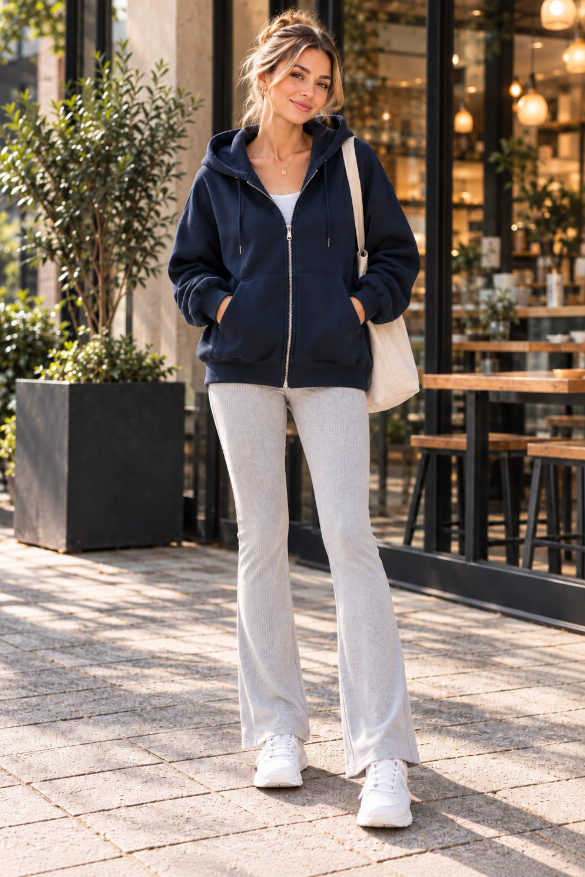 Üç İplik Oversize Kapüşonlu Fermuarlı Sweatshirt Lacivert