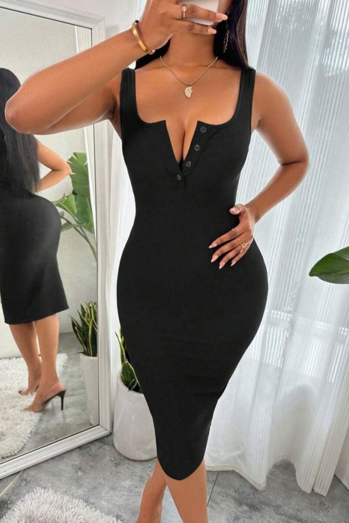 Kalın Askılı Düğme Detaylı Midi Kaşkorse Elbise - Siyah