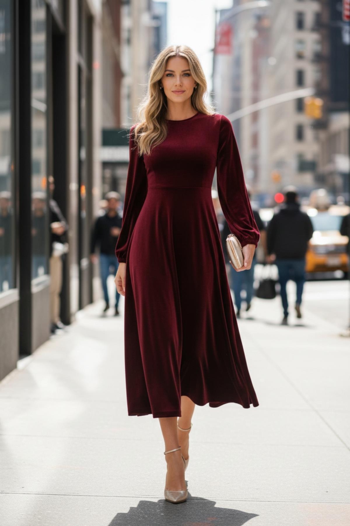 Şarap Tonu Bordo Kadife Elbise