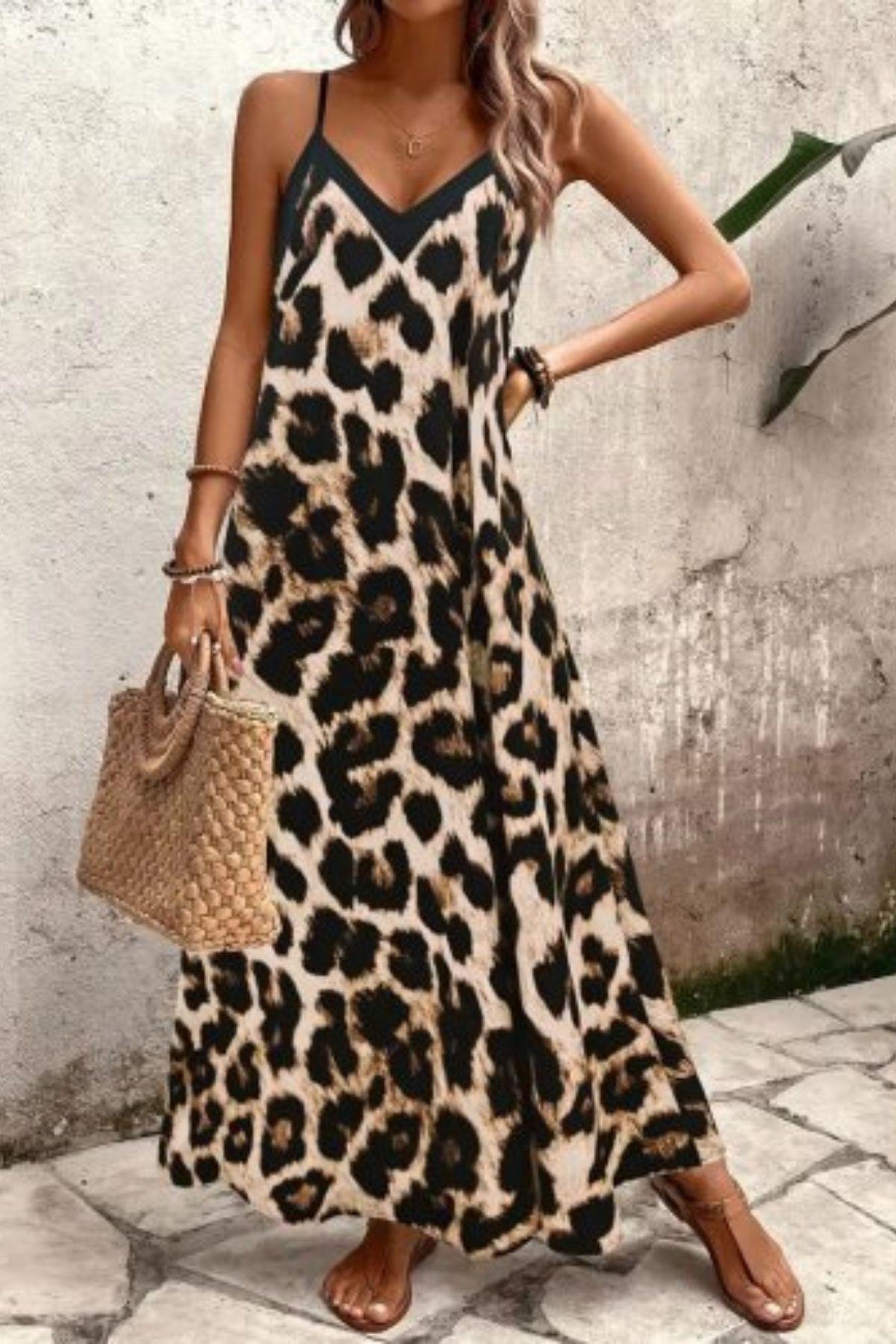 V Yaka Askılı Leopar Desenli Uzun Süprem Elbise - Leopar