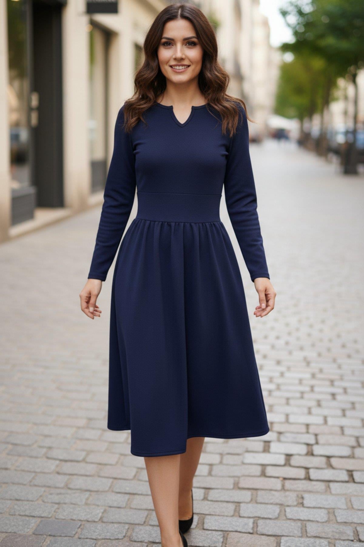 Uzun Kollu Yan Cepli Minimalist Midi Boy İthal Krep Elbise - Lacivert