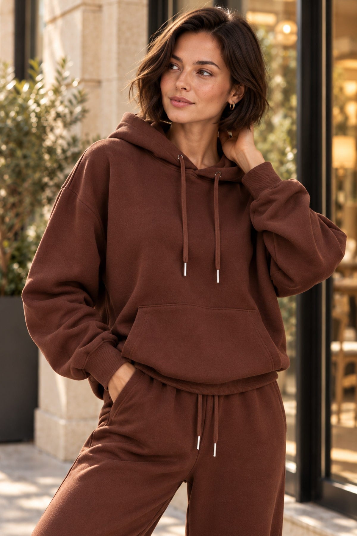 Oversize Kapüşonlu Kalın İçi Şardonlu Kadın Sweatshirt Kahve