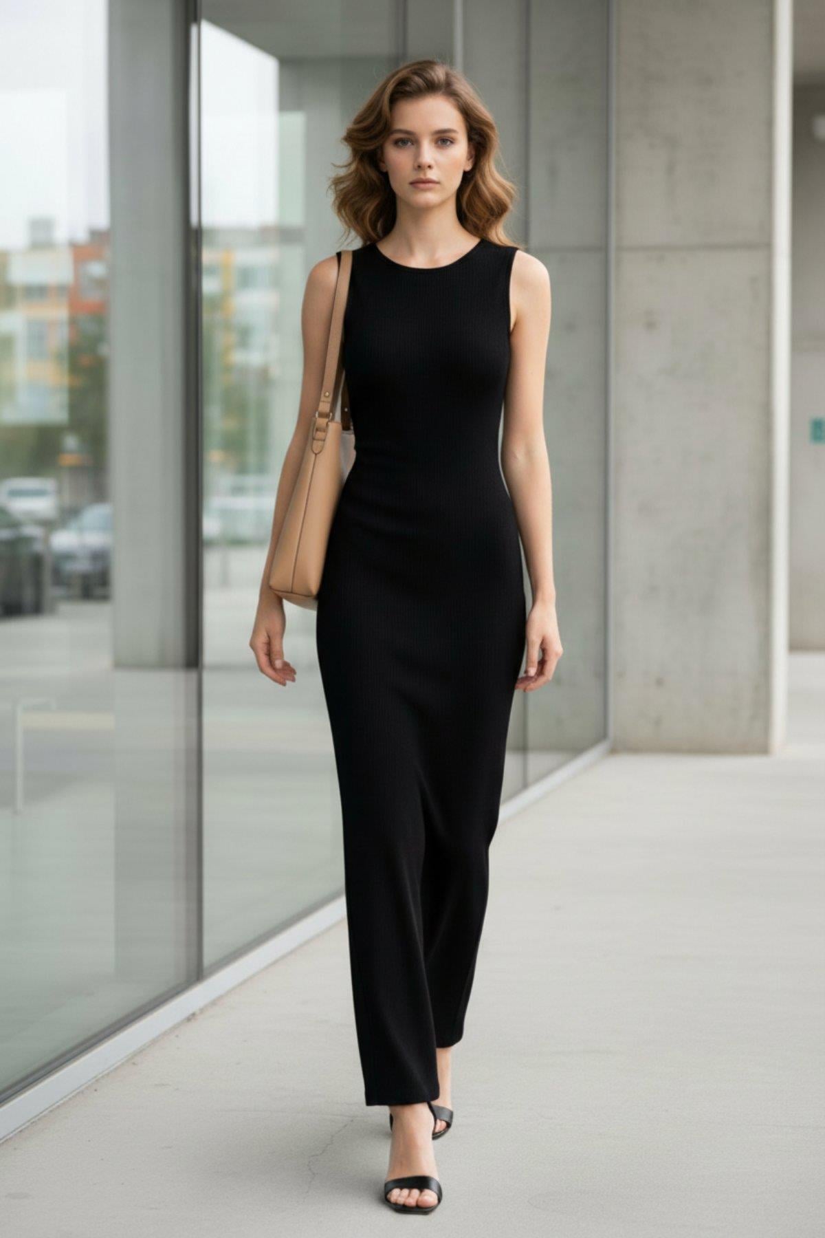 Kayık Yaka Kolsuz Maxi Dalgıç Elbise - Siyah