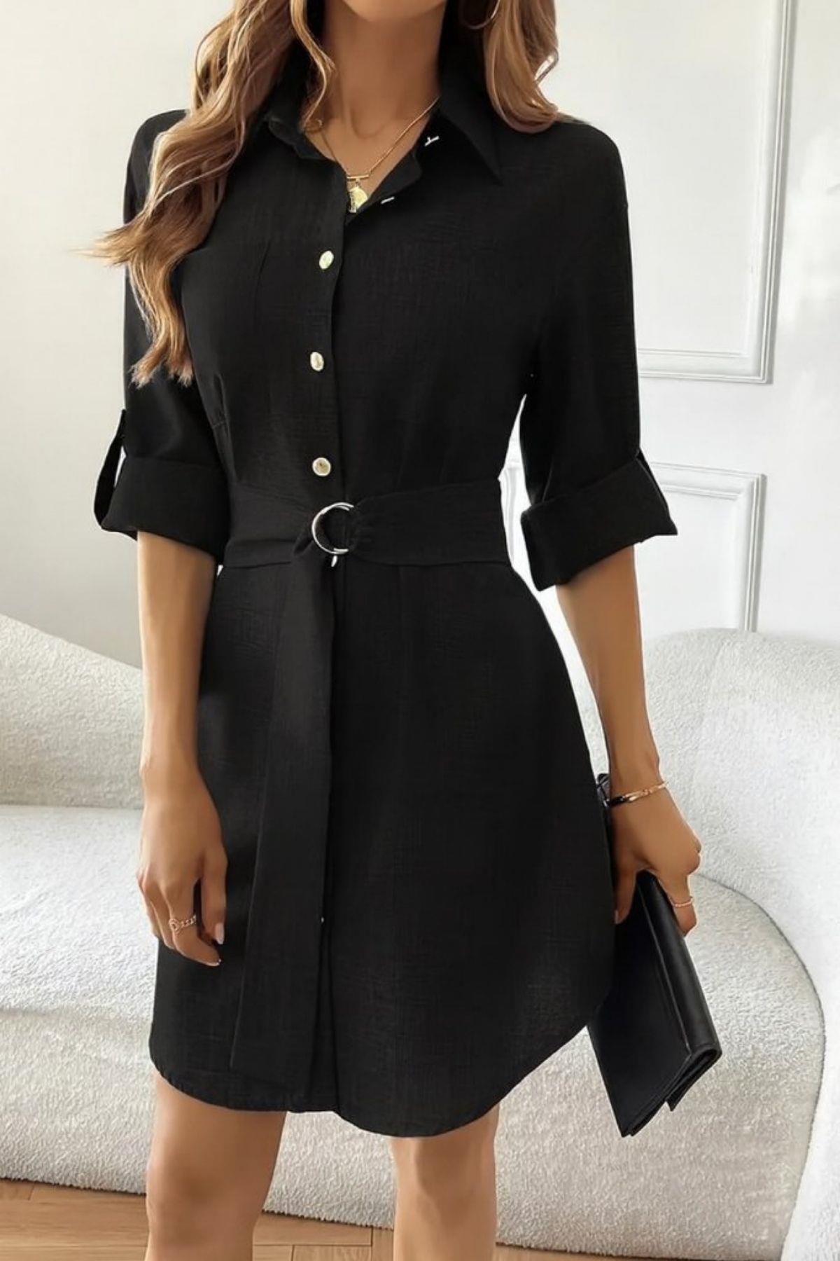 Düğmeli Kuşak Detaylı İthal Keten Elbise - Siyah