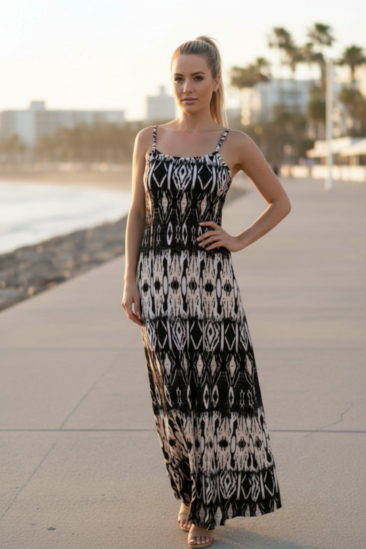 İnce Askılı Kare Yaka Süprem  Elbise - Desenli