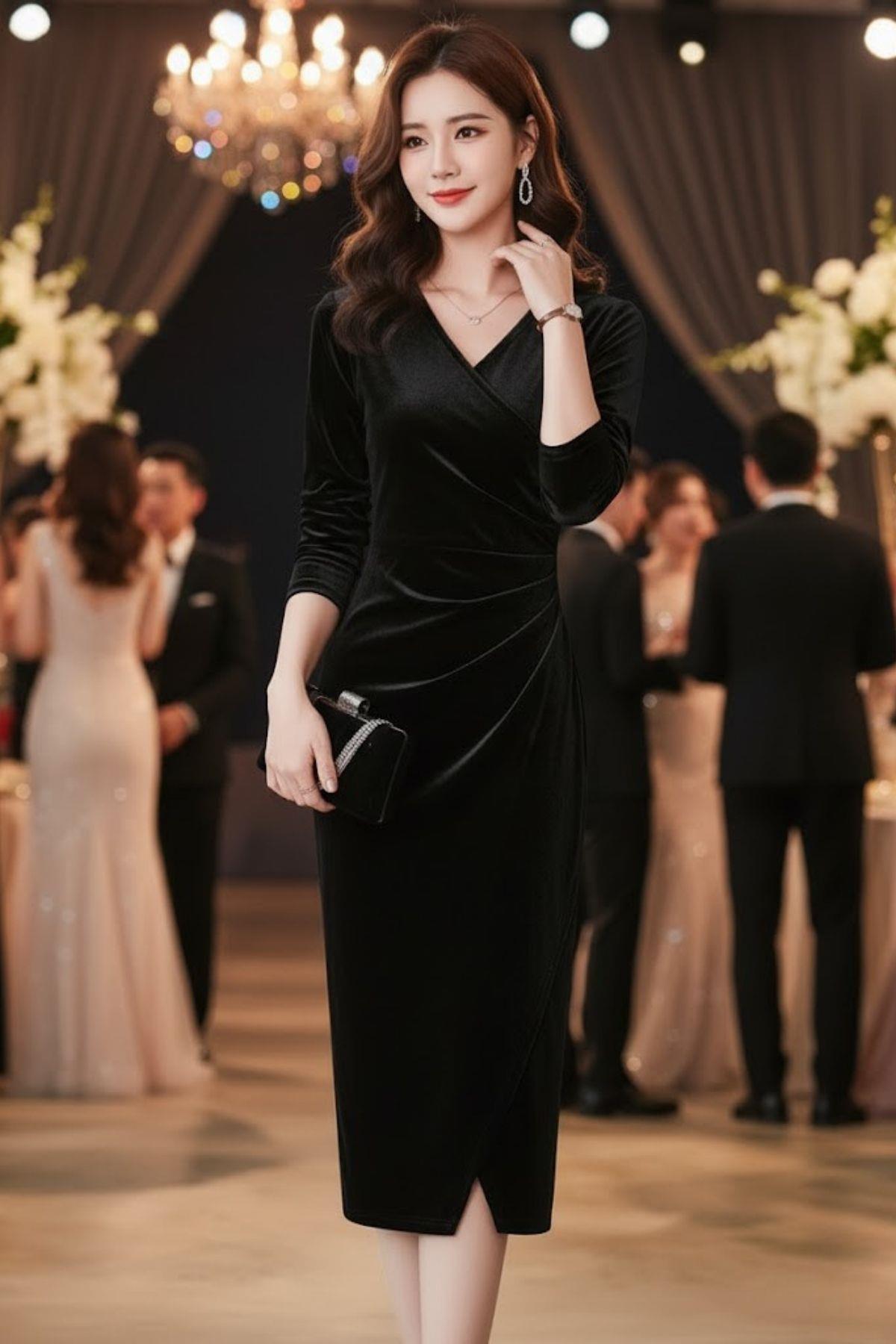 Kruvaze Yaka Büzgülü Midi Kadife Elbise - Siyah