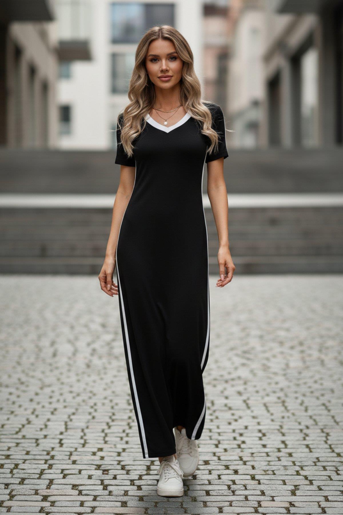 Yan Şerit Detaylı Kısa Kollu Uzun Viskon Elbise - Siyah