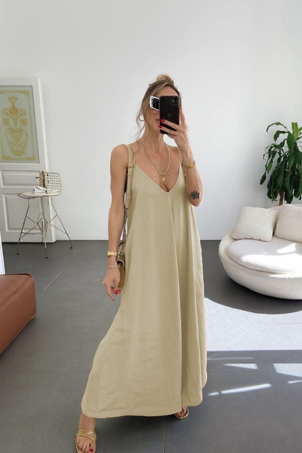 İp Askılı Derin V Yaka Uzun Aerobin Elbise - Bej