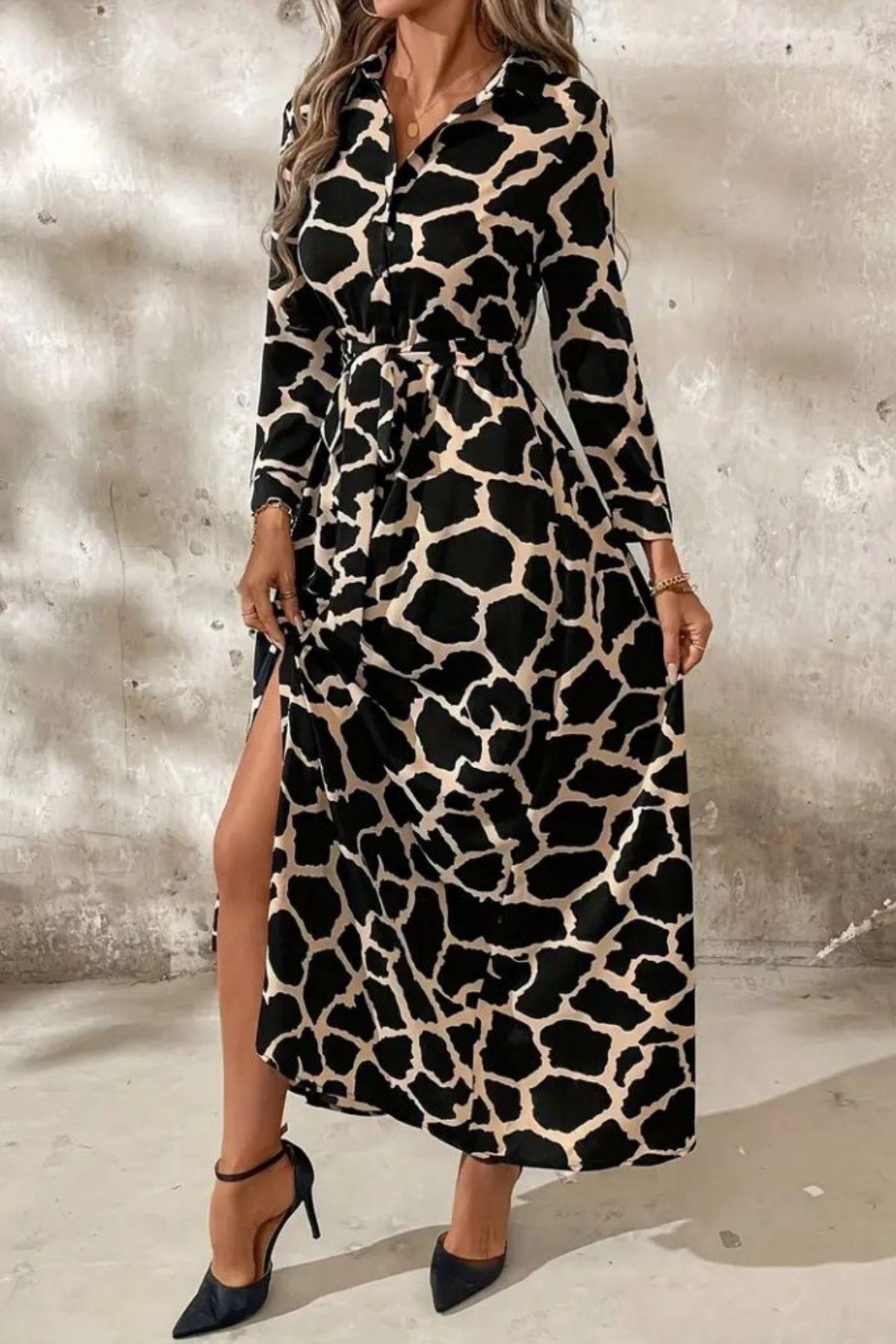 Gömlek Yaka Uzun Kol Kuşaklı Süprem Maxi Elbise - Siyah