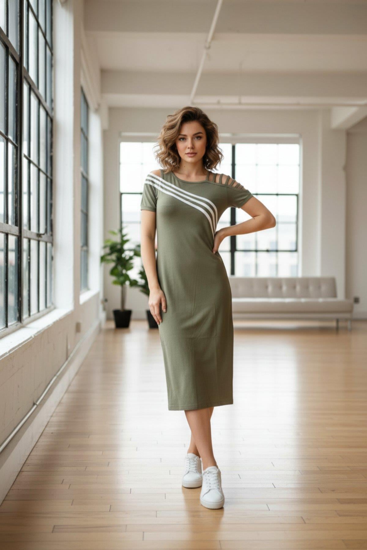 Asimetrik Yaka Askı Detaylı Kısa Kollu Midi Boy Viskon  Elbise - Haki