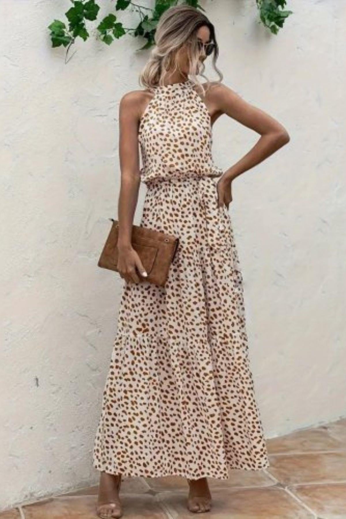 Halter Yaka Bel Lastikli Desenli Süprem Elbise - Bej