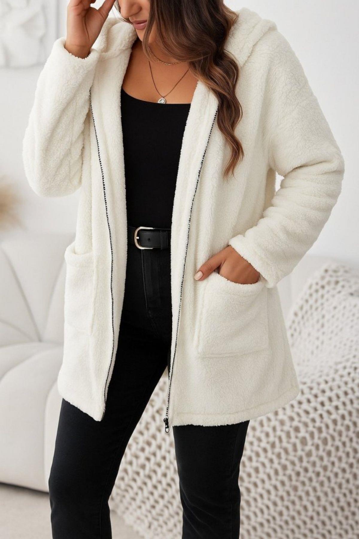 Kapüşonlu Fermuarlı Ve Cepli Welsoft Ceket - Ekru