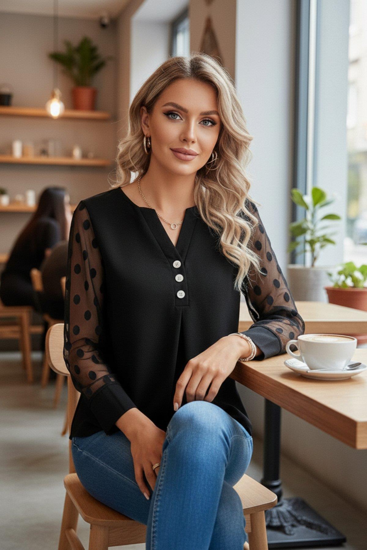 V Yaka Puantiyeli Tül Kollu Viskon  Bluz - Siyah