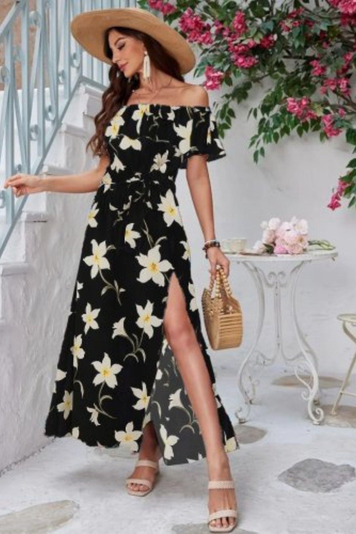 Madonna Yaka Yırtmaç Detaylı Uzun Elbise - Siyah