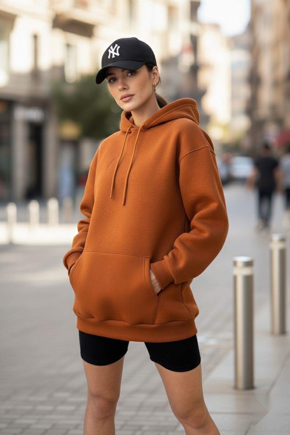 Oversize Polarlı Premium Kalın Sweatshirt Taba