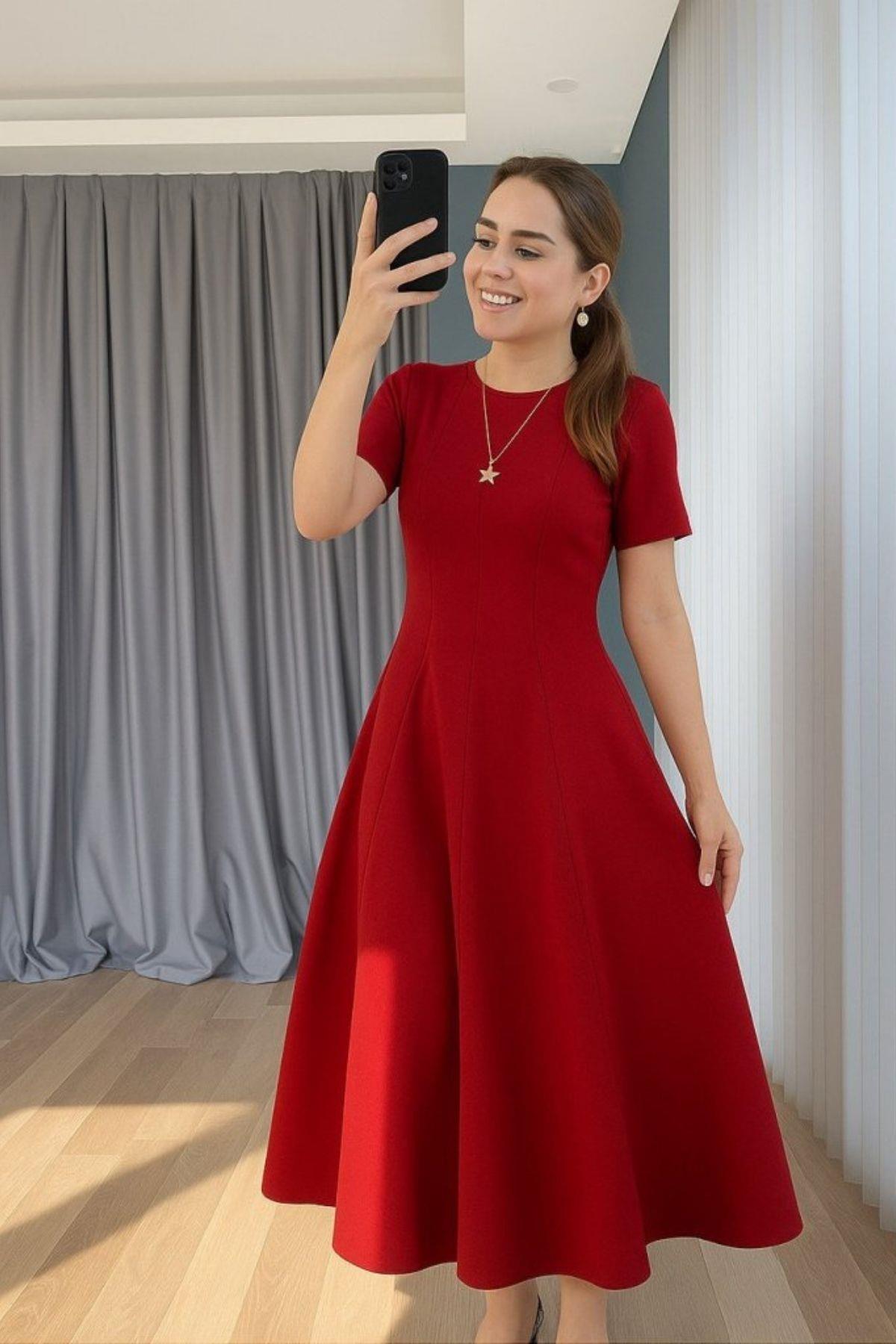 Kısa Kollu Bisiklet Yaka Midi İthal Krep Elbise - Kırmızı