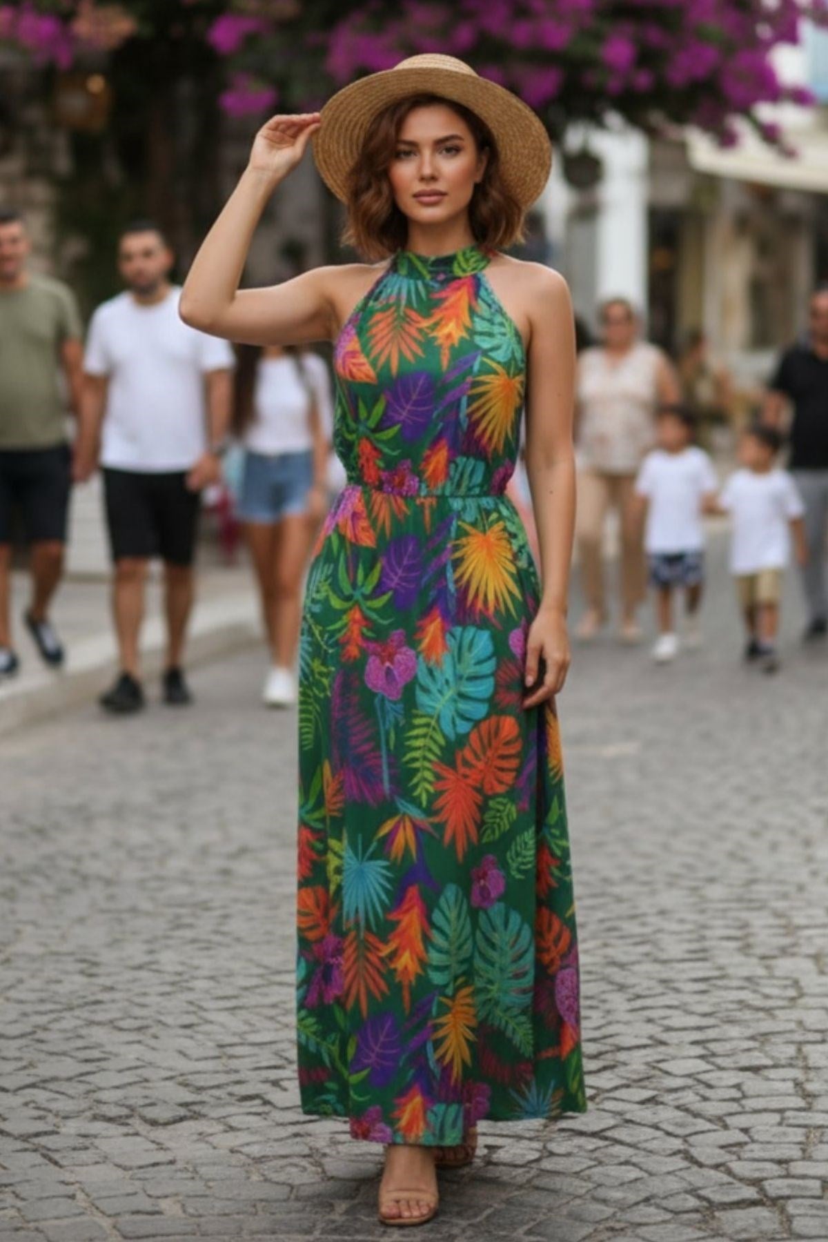 Halter Yaka Desenli Süprem Elbise - Yeşil