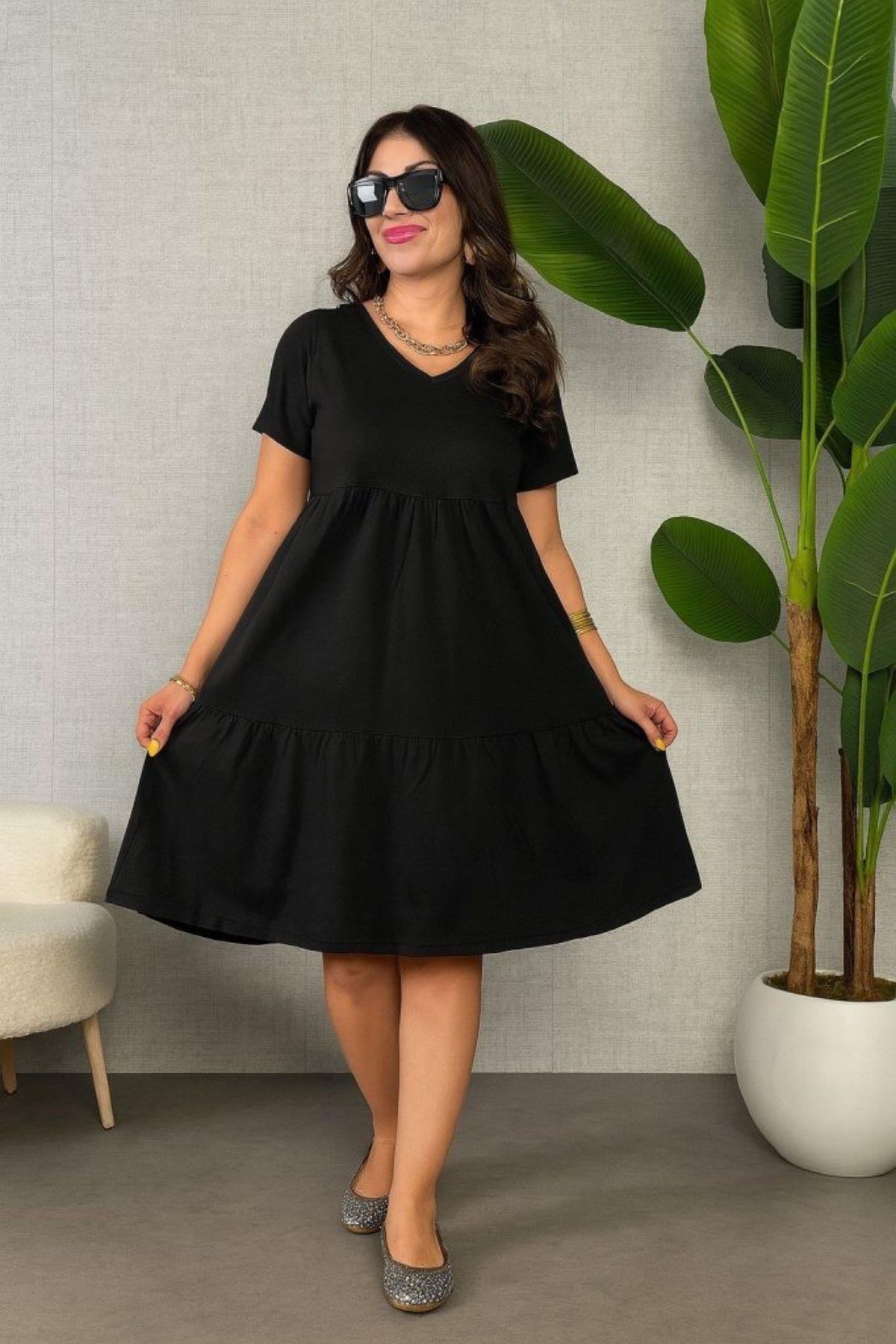 V Yaka Kısa Kollu Viskon Elbise - Siyah