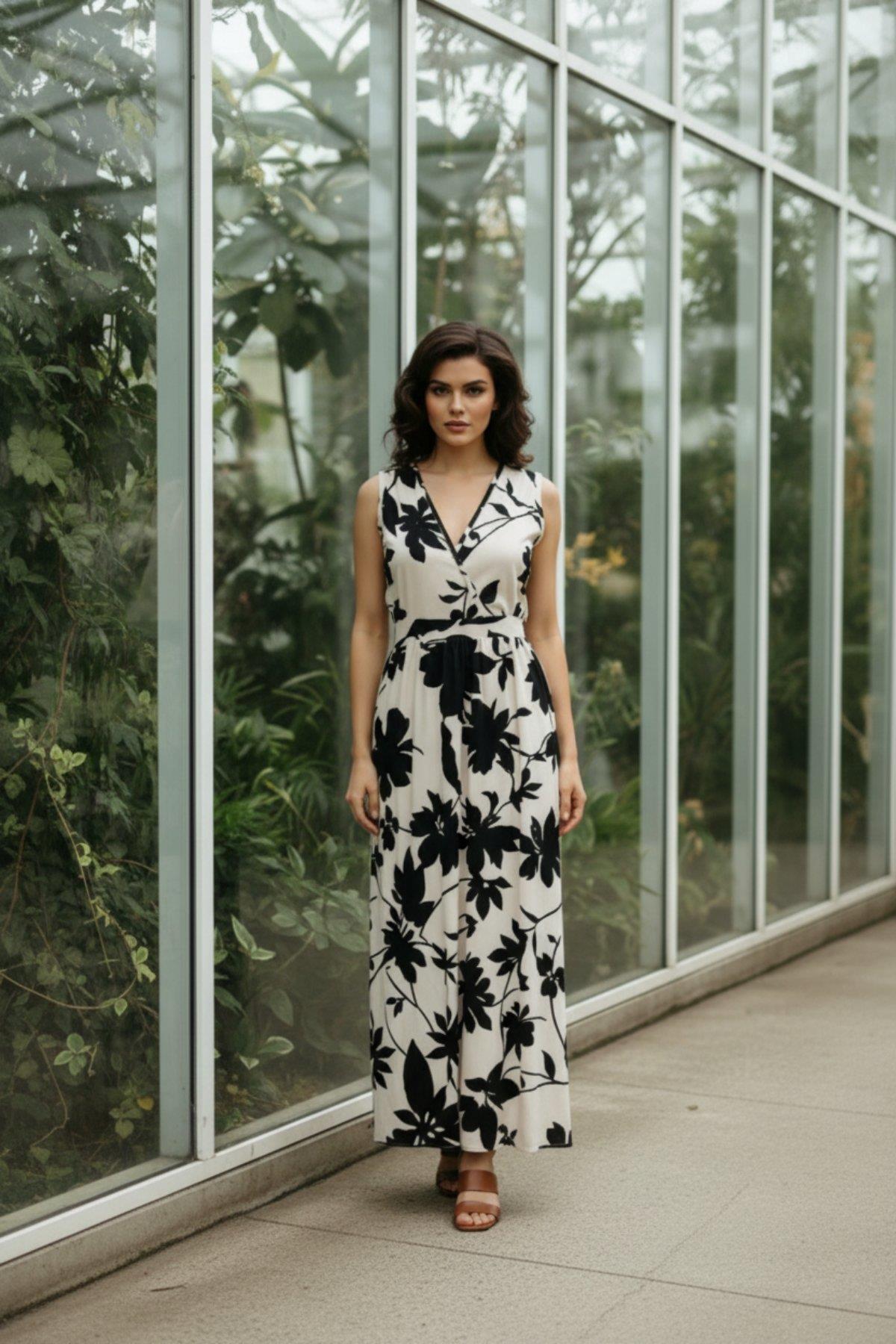 Kruvaze Yaka Çiçek Desenli Süprem Elbise - Bej