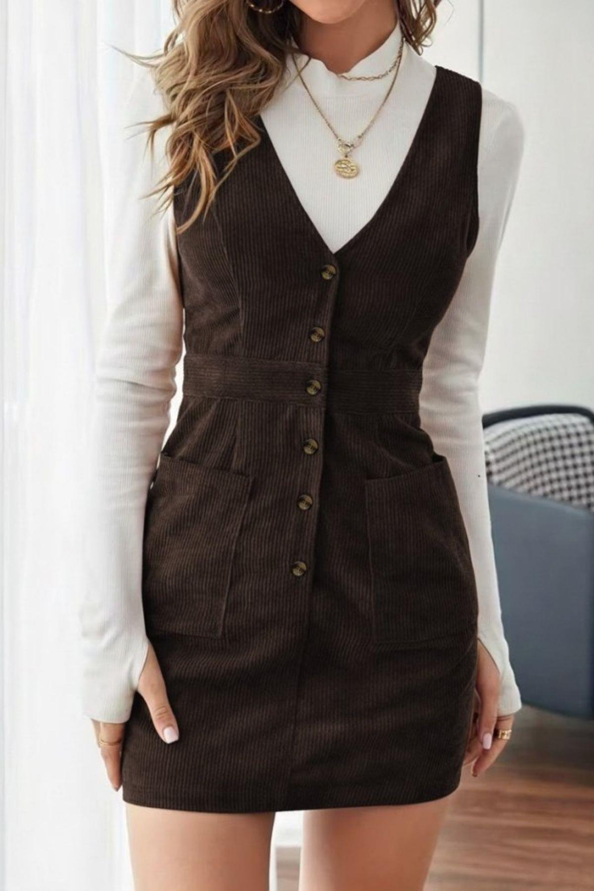 Düğmeli  Kadife Kumaş Mini Elbise - Kahve