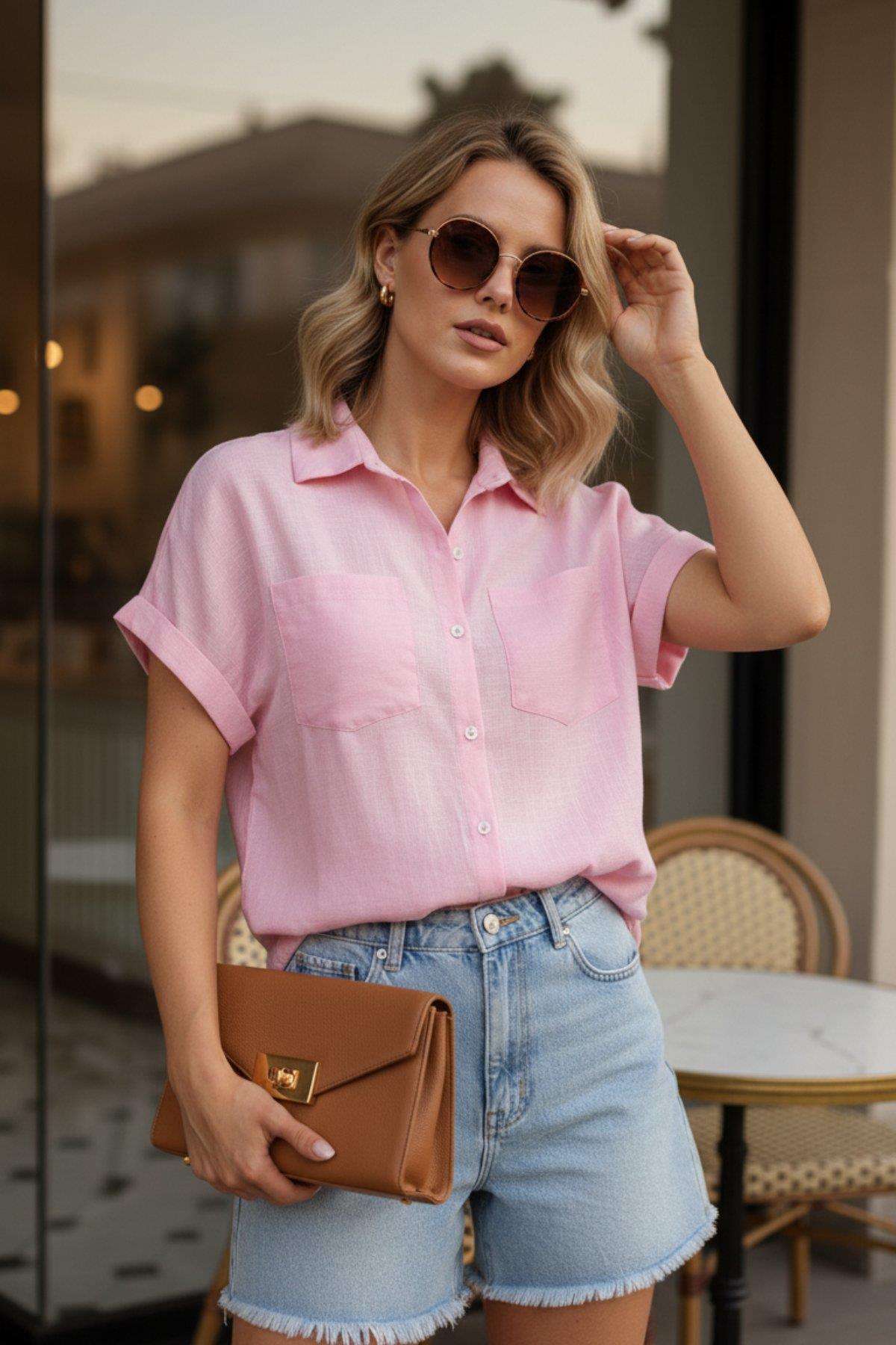 Çift Cepli Önden Düğmeli Gömlek - Pembe