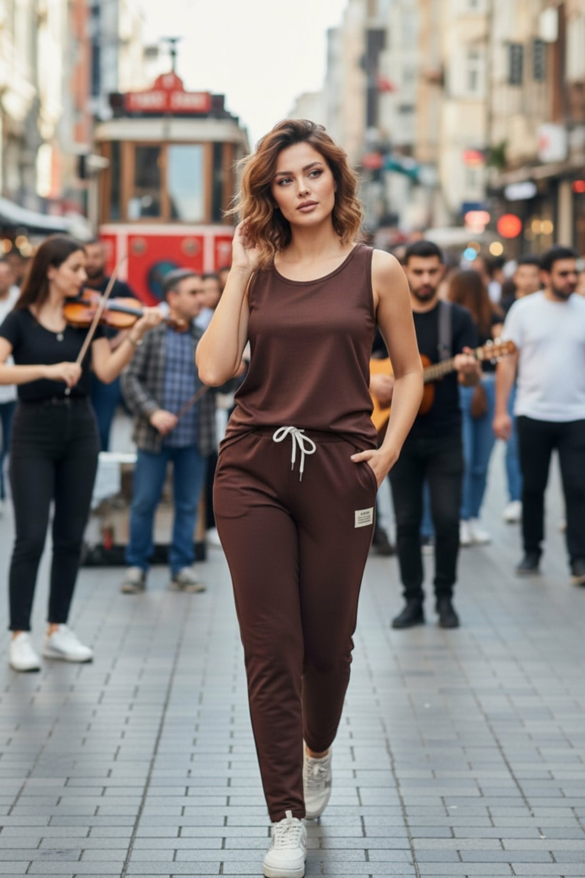 Kolsuz Alt Üst Takım - Modern Kesim İkili Kombin Kahve