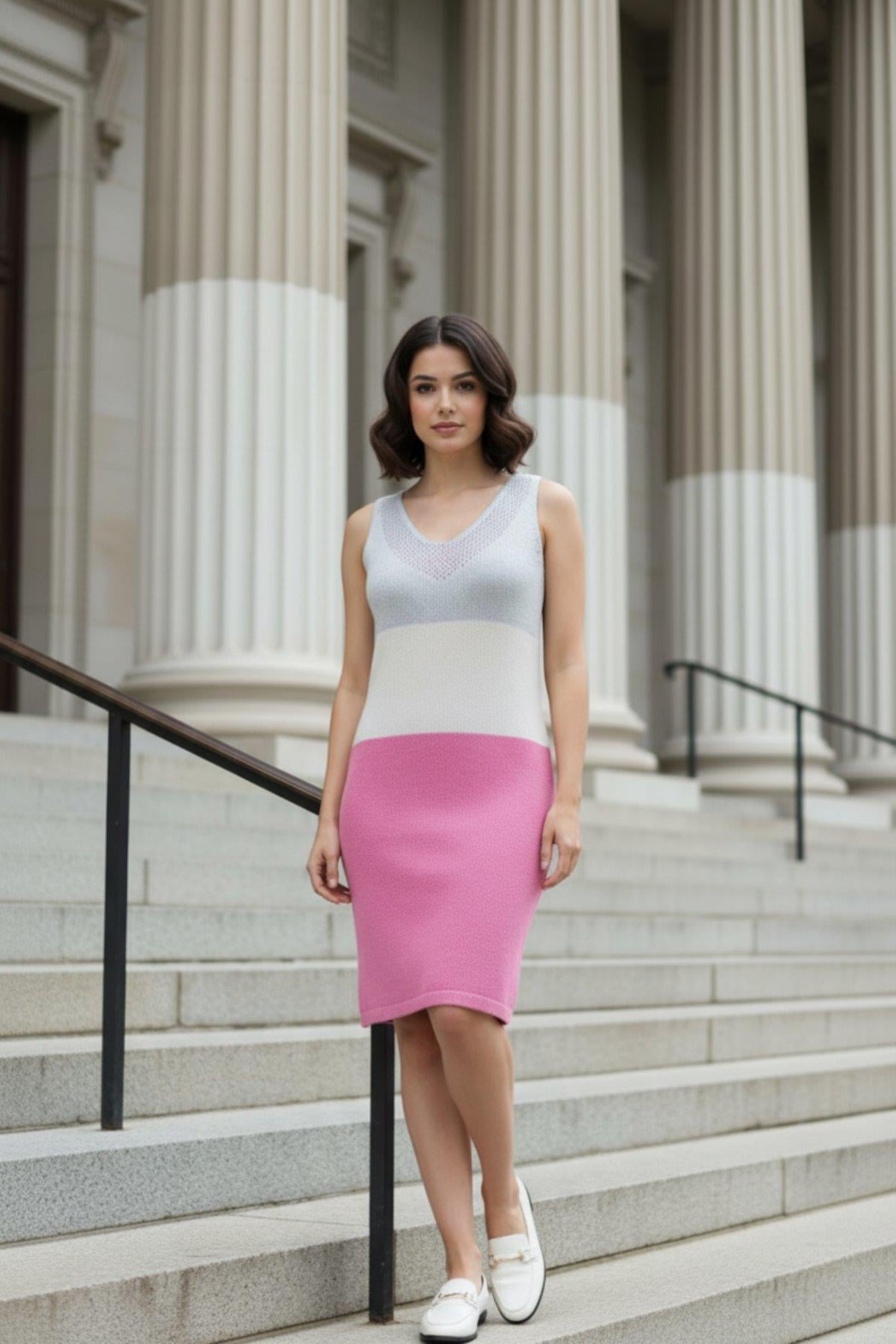 V Yaka Renk Bloklu Mini Triko Elbise - Pembe