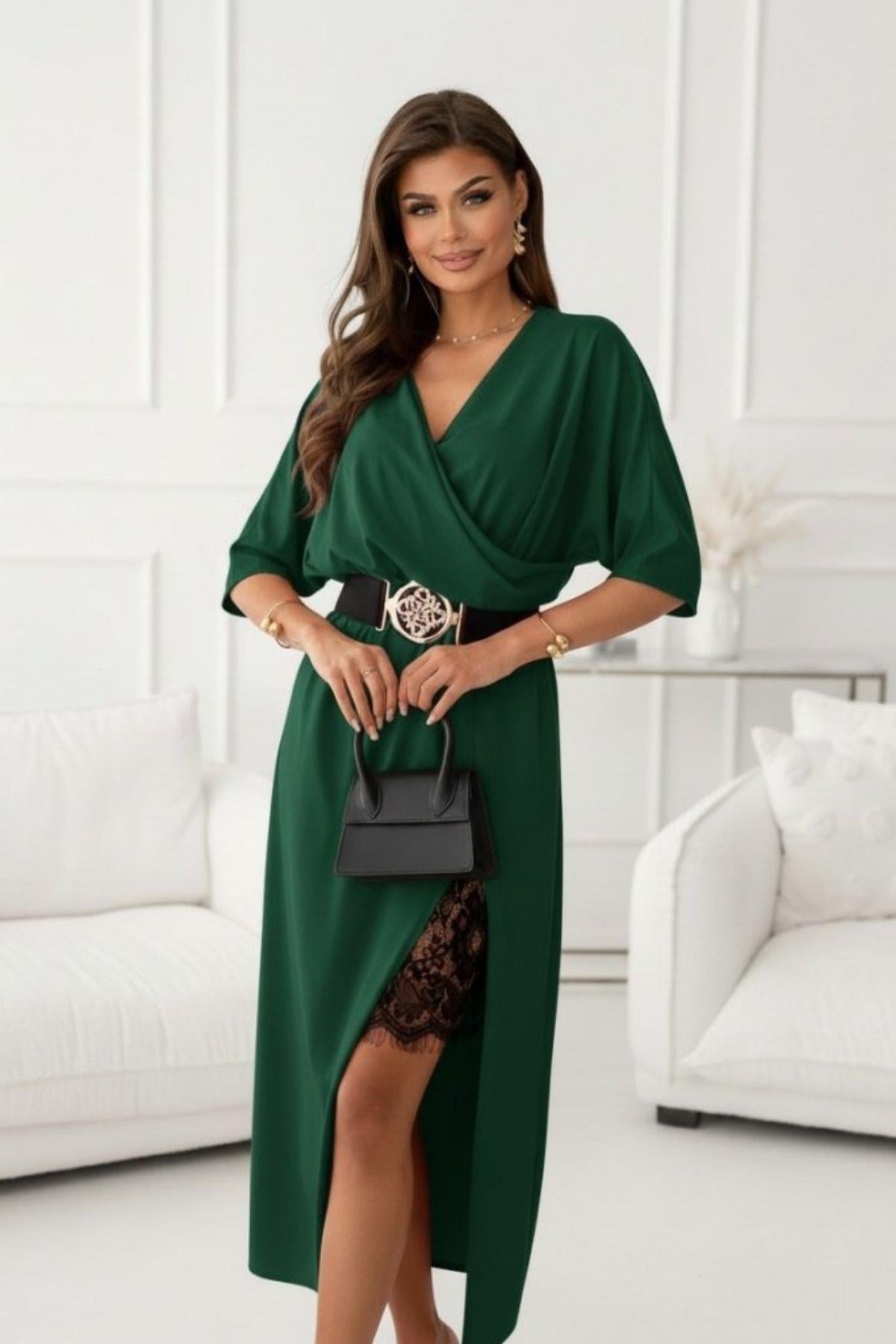 Kruvaze Yaka Yandan Dantelli Midi İthal Krep Elbise - Yeşil